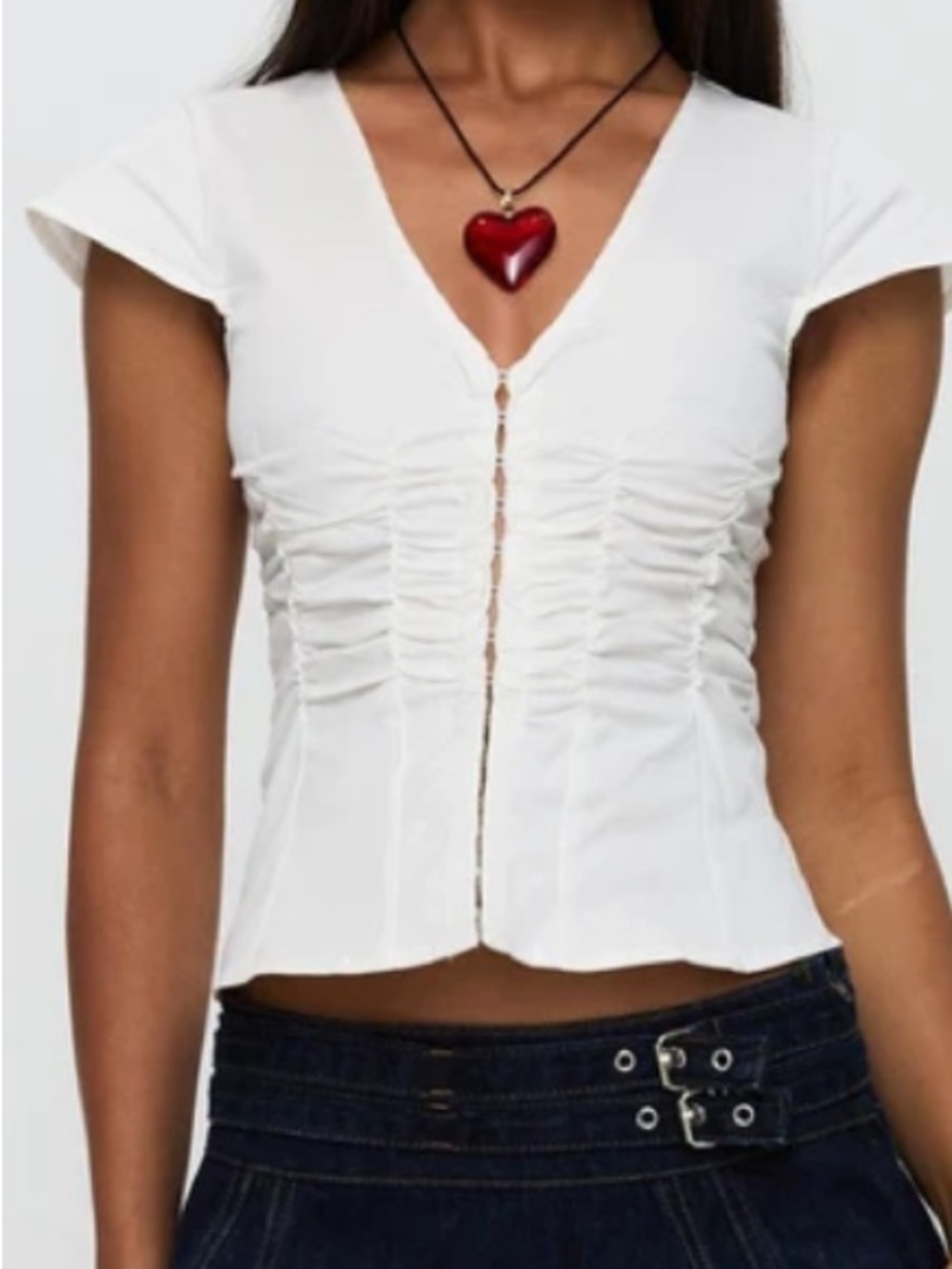 Princess Polly White Ruched V-Neck Cap Sleeve Top